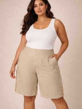 Ashley Stewart Linen Blend Shorts Plus 20W High-Rise Bermuda Beige Neutral Beach